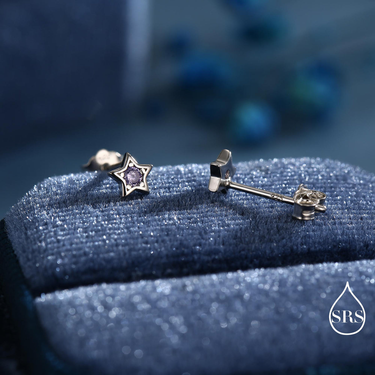 Tiny Amethyst Purple CZ Star Stud Earrings in Sterling Silver, Silver or Gold, Purple Crystal Star Earrings, Stacking Earrings