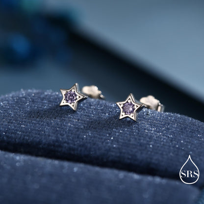 Tiny Amethyst Purple CZ Star Stud Earrings in Sterling Silver, Silver or Gold, Purple Crystal Star Earrings, Stacking Earrings
