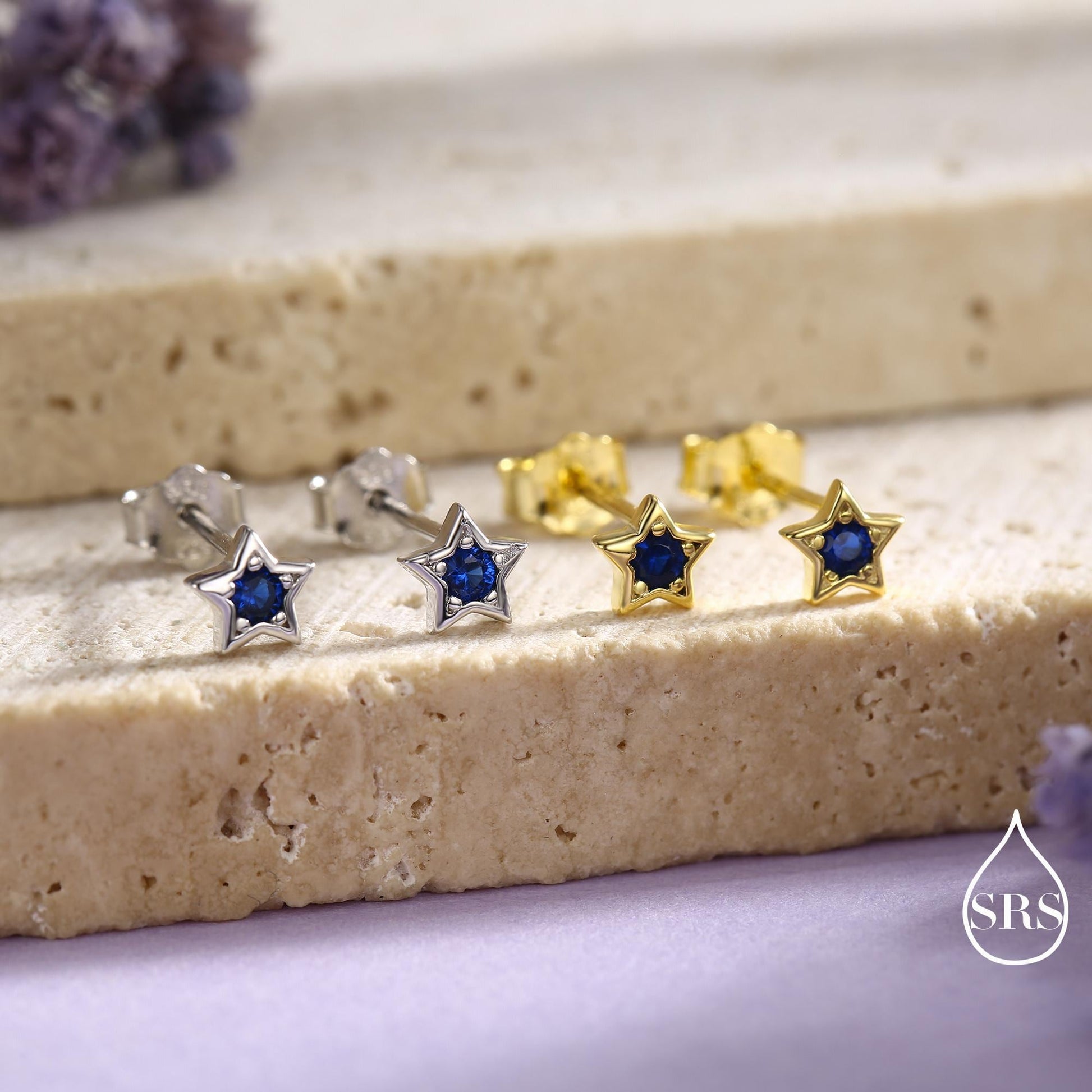 Tiny Sapphire Blue CZ Star Stud Earrings in Sterling Silver, Silver or Gold, Blue Crystal Star Earrings, Stacking Earrings
