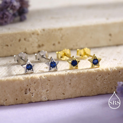 Tiny Sapphire Blue CZ Star Stud Earrings in Sterling Silver, Silver or Gold, Blue Crystal Star Earrings, Stacking Earrings