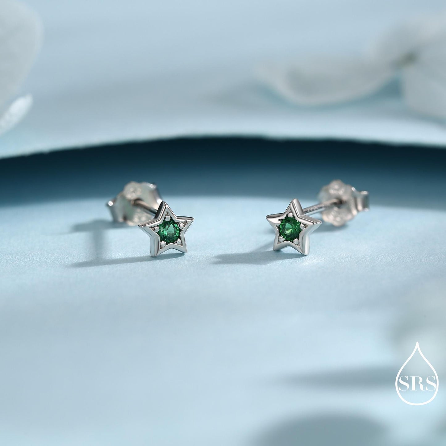Tiny Emerald Green CZ Star Stud Earrings in Sterling Silver, Silver or Gold, Green Crystal Star Earrings, Stacking Earrings