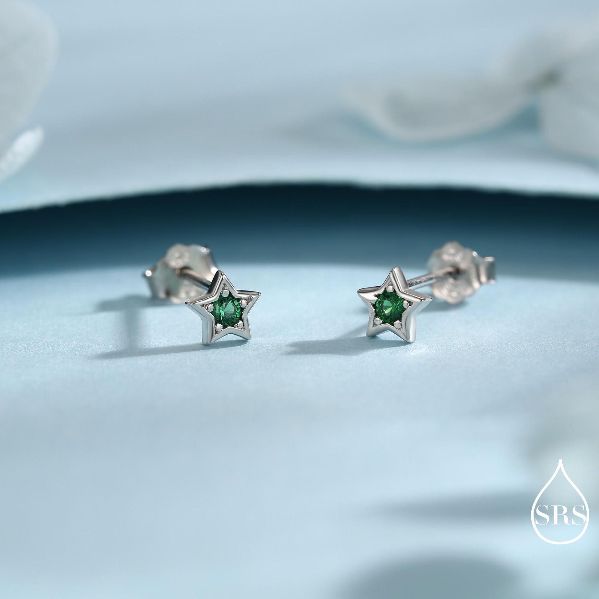 Tiny Emerald Green CZ Star Stud Earrings in Sterling Silver, Silver or Gold, Green Crystal Star Earrings, Stacking Earrings