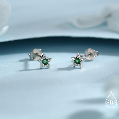 Tiny Emerald Green CZ Star Stud Earrings in Sterling Silver, Silver or Gold, Green Crystal Star Earrings, Stacking Earrings