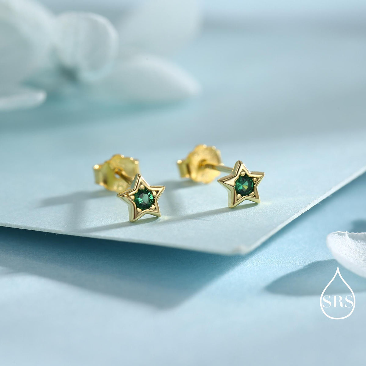 Tiny Emerald Green CZ Star Stud Earrings in Sterling Silver, Silver or Gold, Green Crystal Star Earrings, Stacking Earrings