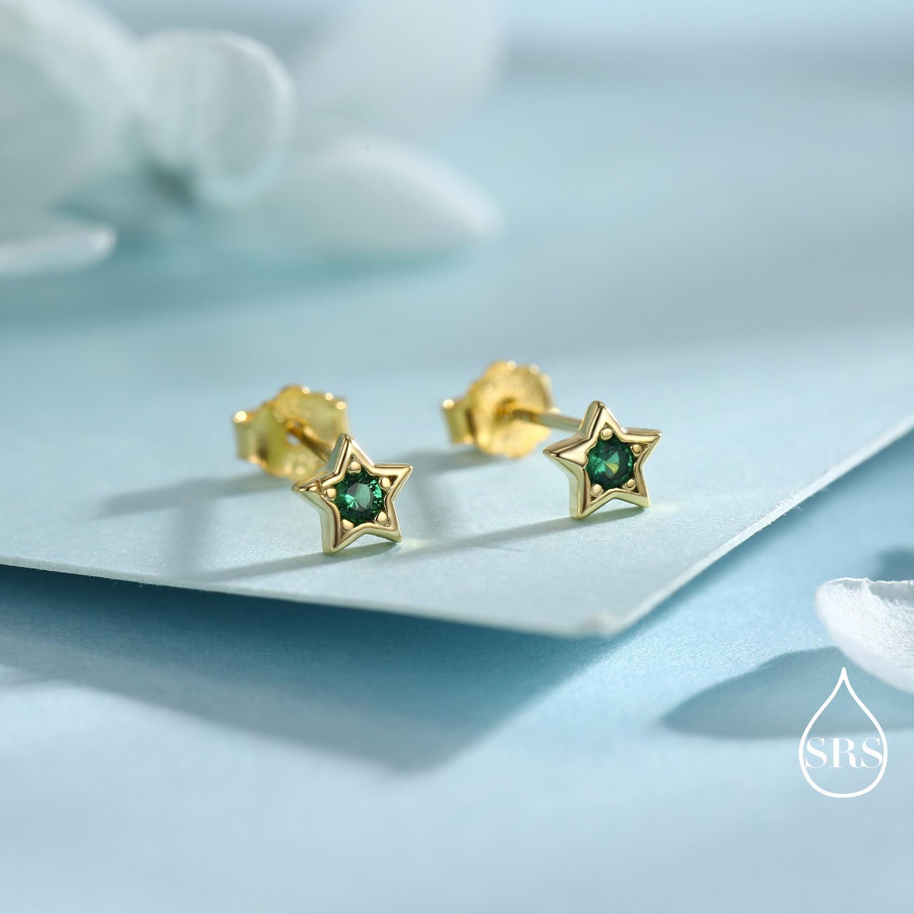 Tiny Emerald Green CZ Star Stud Earrings in Sterling Silver, Silver or Gold, Green Crystal Star Earrings, Stacking Earrings