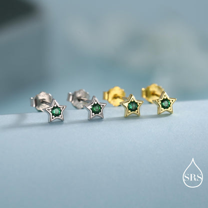 Tiny Emerald Green CZ Star Stud Earrings in Sterling Silver, Silver or Gold, Green Crystal Star Earrings, Stacking Earrings