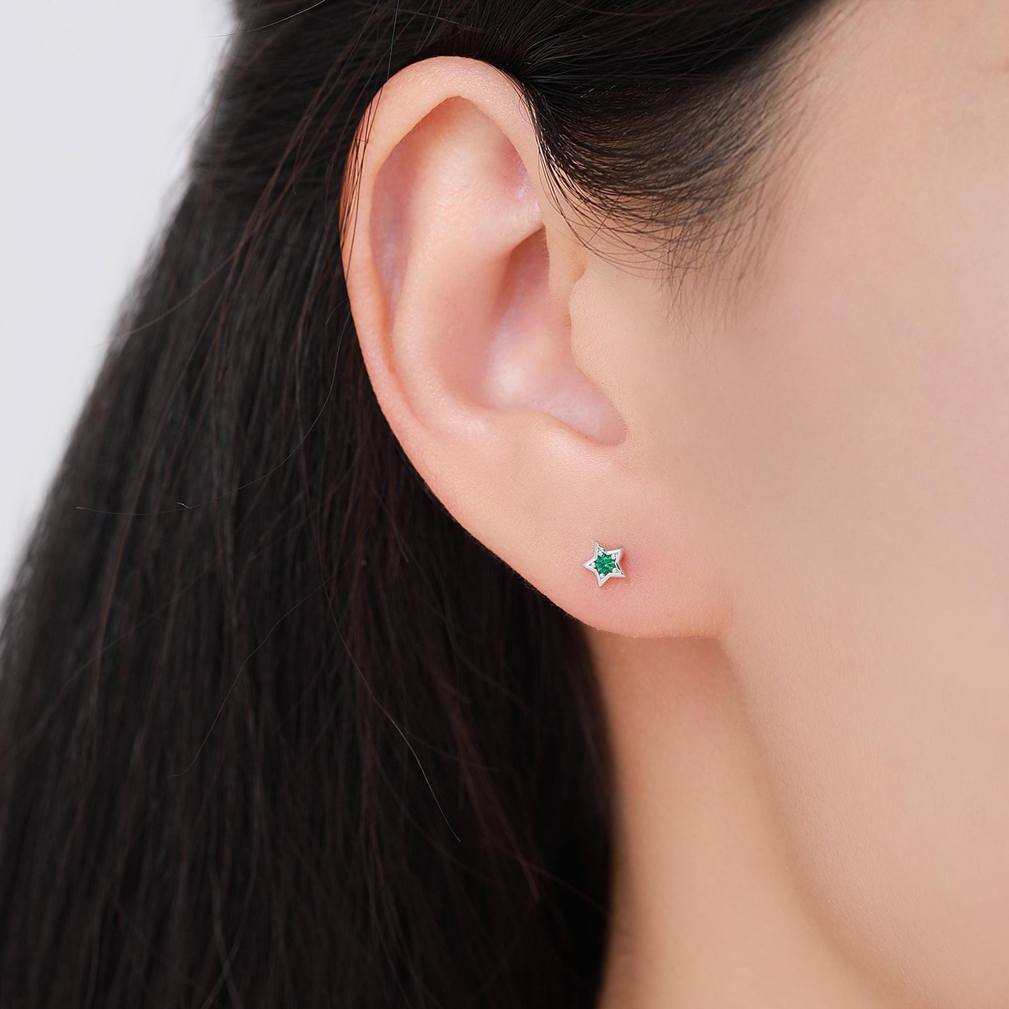 Tiny Emerald Green CZ Star Stud Earrings in Sterling Silver, Silver or Gold, Green Crystal Star Earrings, Stacking Earrings
