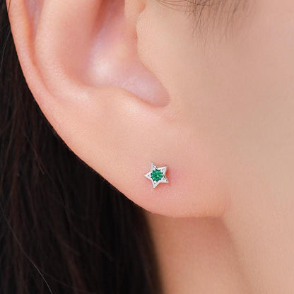 Tiny Emerald Green CZ Star Stud Earrings in Sterling Silver, Silver or Gold, Green Crystal Star Earrings, Stacking Earrings