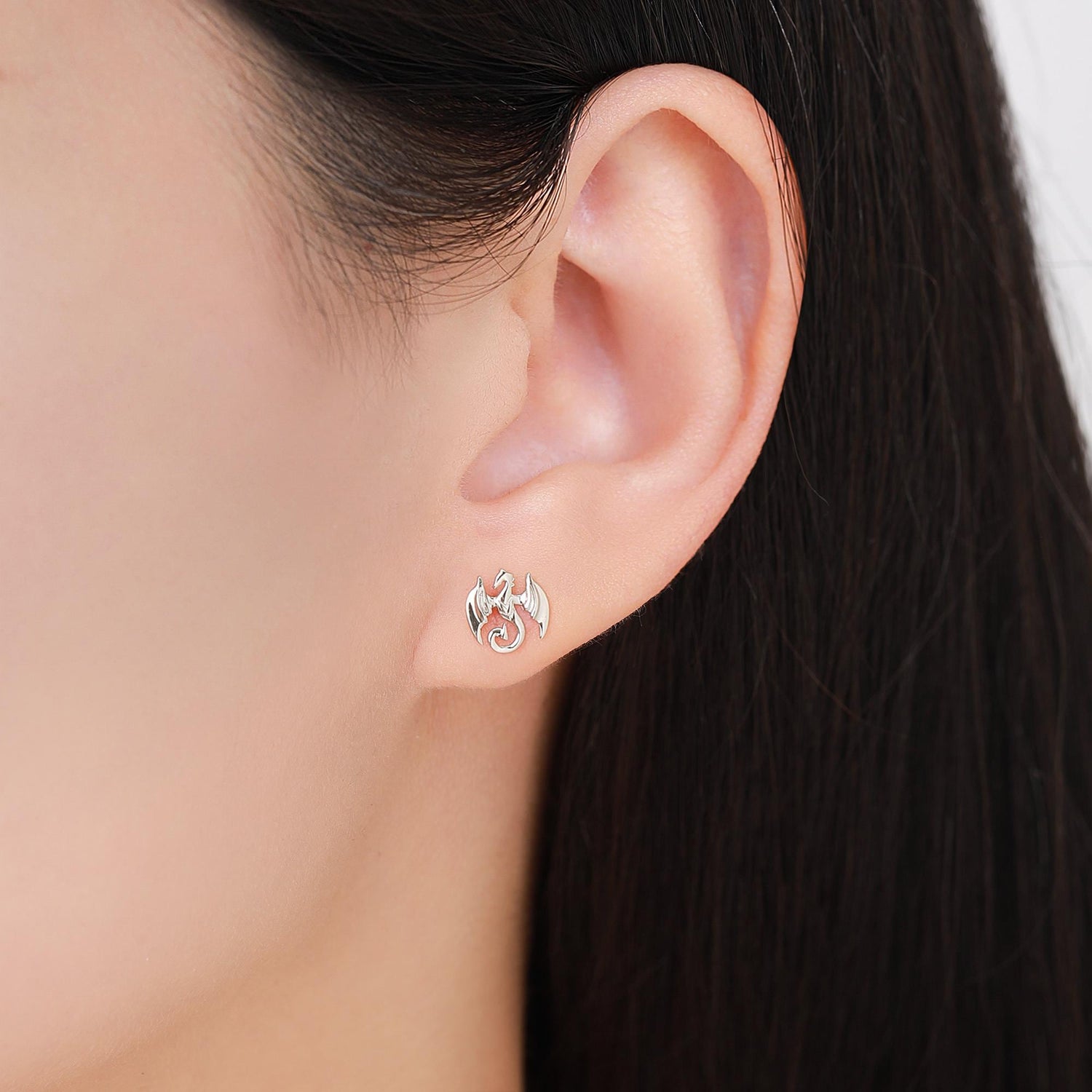 Mismatched Dragon and Sword Stud Earrings in Sterling Silver, Asymmetric Dragon Earrings