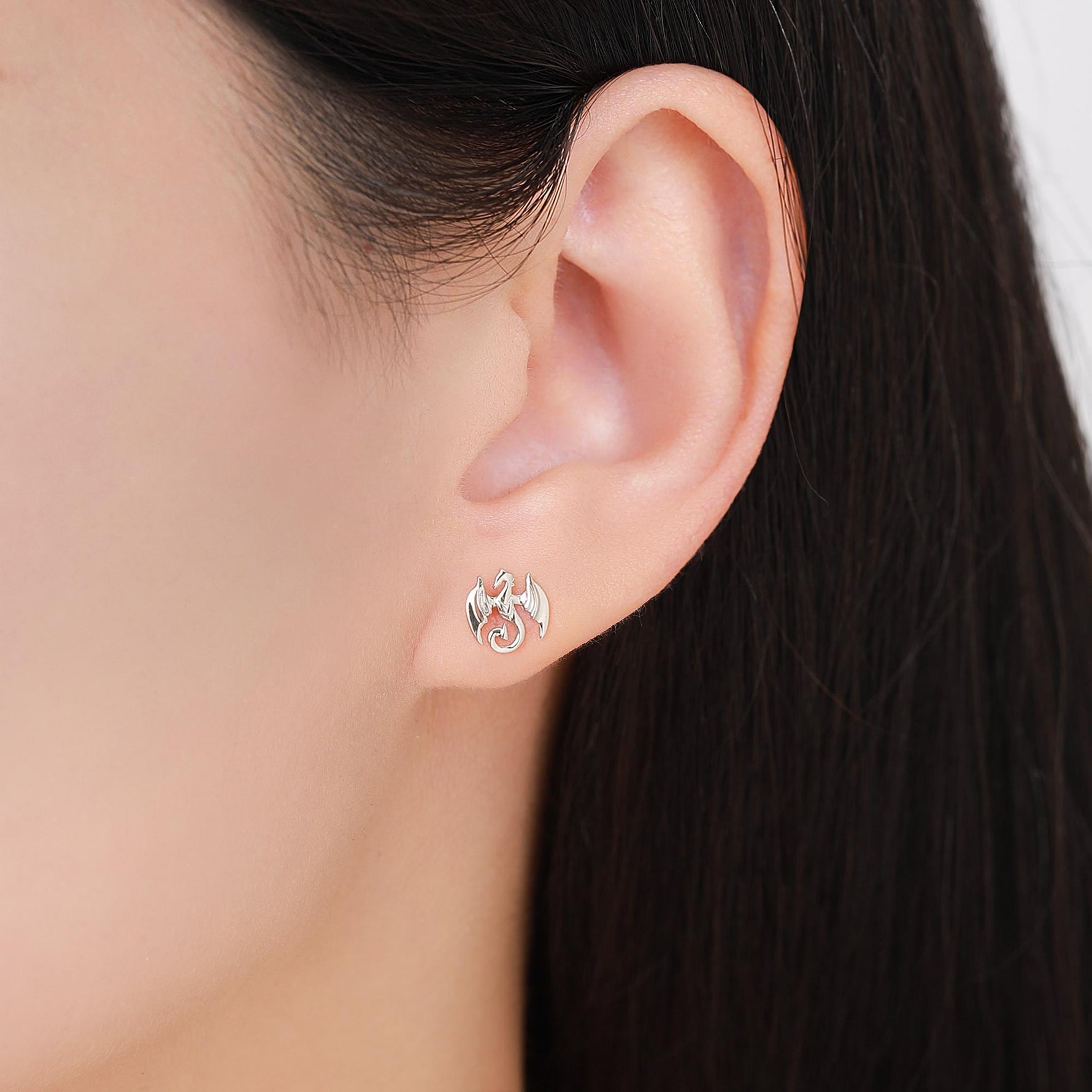 Mismatched Dragon and Sword Stud Earrings in Sterling Silver, Asymmetric Dragon Earrings