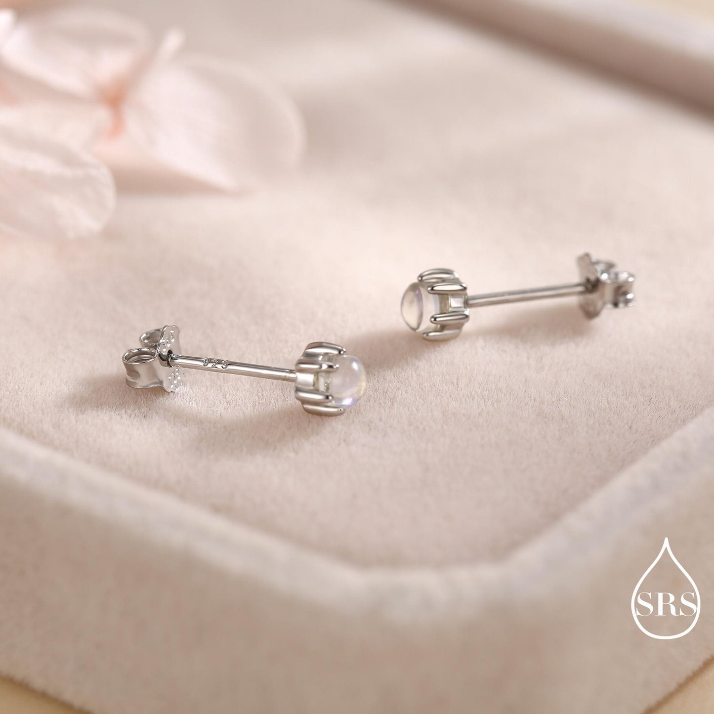 Moonstone Stud Earrings in Sterling Silver, Six Prong, Aurora Stone Stud Earrings, 3mm Aurora Crystal Dot Earrings