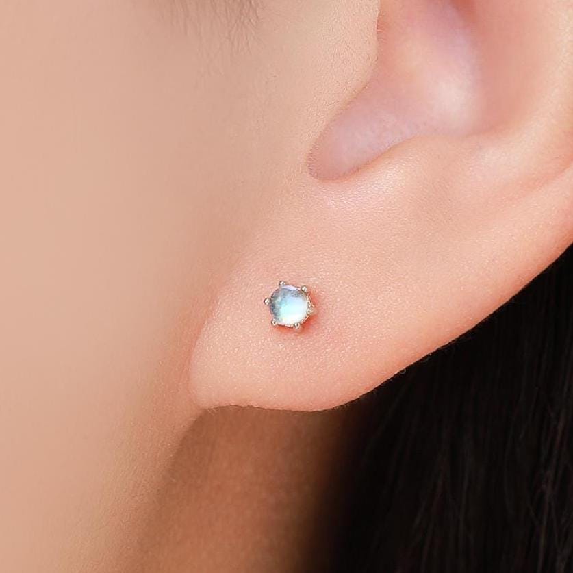 Moonstone Stud Earrings in Sterling Silver, Six Prong, Aurora Stone Stud Earrings, 3mm Aurora Crystal Dot Earrings