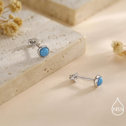 Sterling Silver Turquoise Stud Earrings, 3 or 4mm, Blue or Green Turquoise Gemstone, Bezel, Minimalist December Birthstone