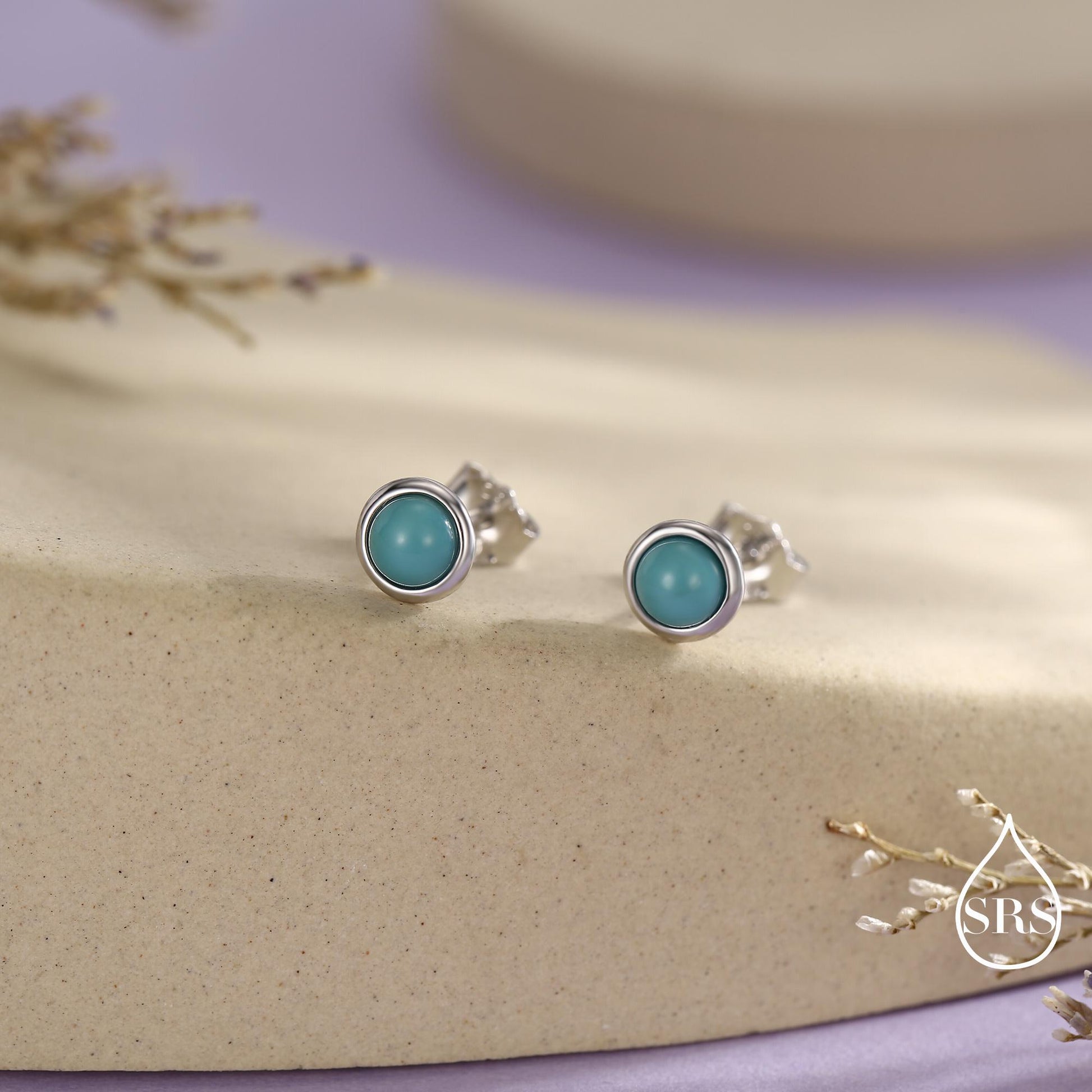 Sterling Silver Turquoise Stud Earrings, 3 or 4mm, Blue or Green Turquoise Gemstone, Bezel, Minimalist December Birthstone