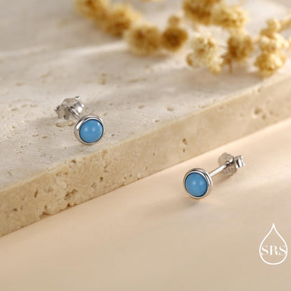 Sterling Silver Turquoise Stud Earrings, 3 or 4mm, Blue or Green Turquoise Gemstone, Bezel, Minimalist December Birthstone