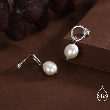 Circle with Dangling Baroque Pearl Drop Stud Earrings in Sterling Silver, Keshi Pearl Earrings, Gold or Silver, Genuine Pearls