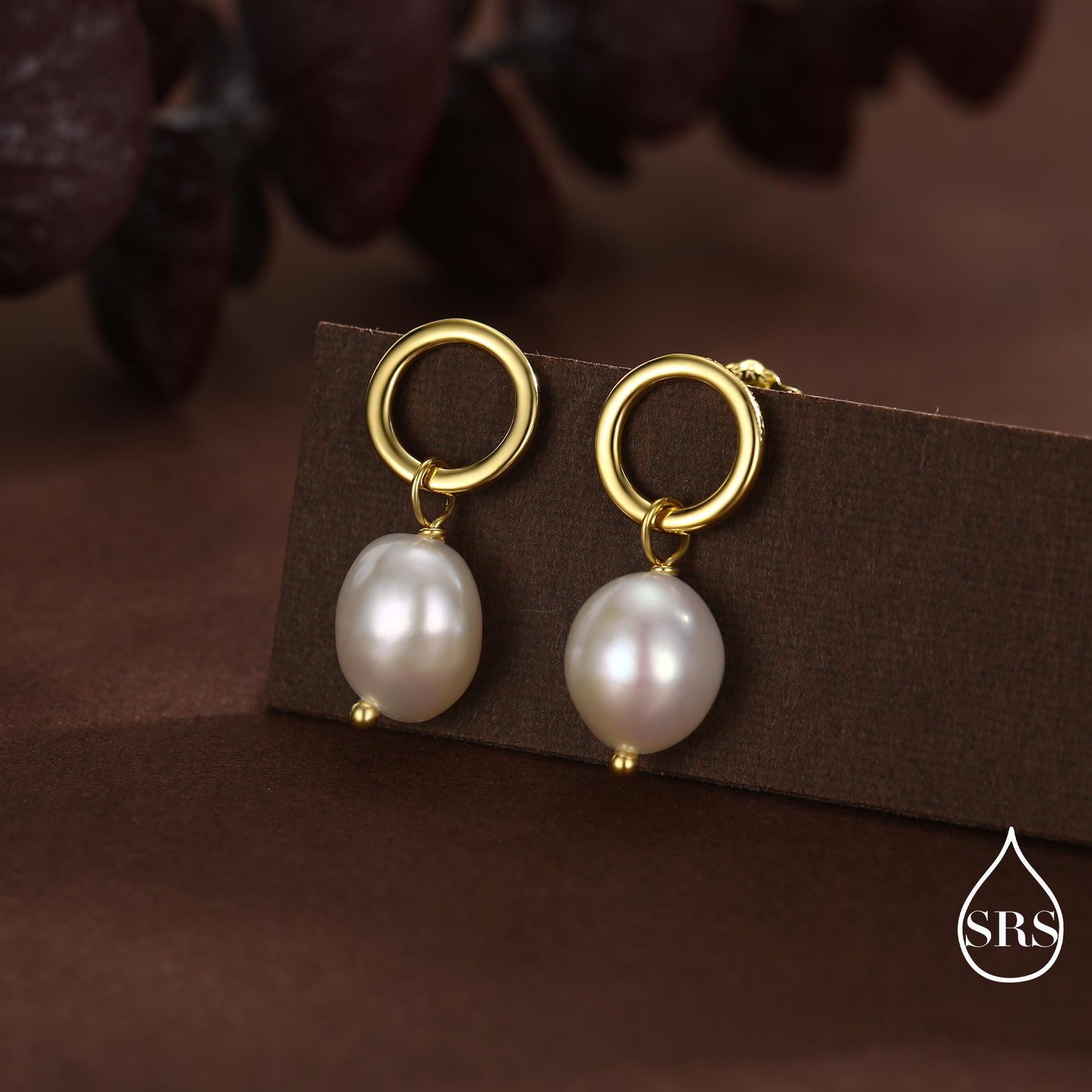 Circle with Dangling Baroque Pearl Drop Stud Earrings in Sterling Silver, Keshi Pearl Earrings, Gold or Silver, Genuine Pearls