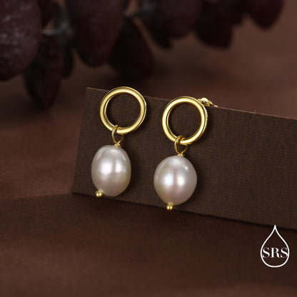 Circle with Dangling Baroque Pearl Drop Stud Earrings in Sterling Silver, Keshi Pearl Earrings, Gold or Silver, Genuine Pearls