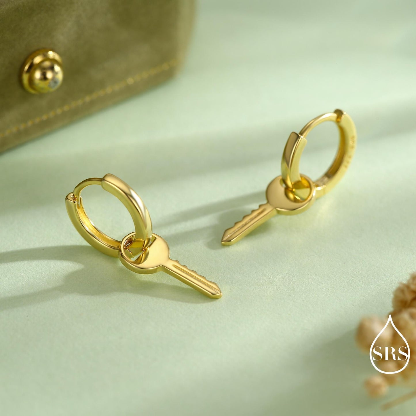 Dangling Key Hoop Earrings in Sterling Silver, Detachable Lock Charm Dangle Hoop Earrings, Silver or Gold, Interchangeable