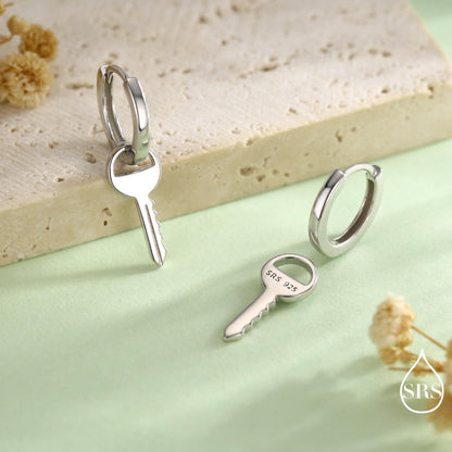 Dangling Key Hoop Earrings in Sterling Silver, Detachable Lock Charm Dangle Hoop Earrings, Silver or Gold, Interchangeable