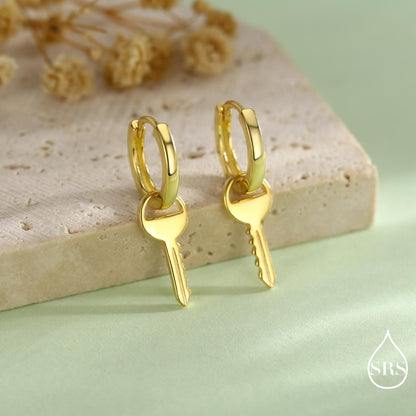 Dangling Key Hoop Earrings in Sterling Silver, Detachable Lock Charm Dangle Hoop Earrings, Silver or Gold, Interchangeable