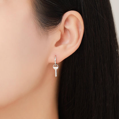 Dangling Key Hoop Earrings in Sterling Silver, Detachable Lock Charm Dangle Hoop Earrings, Silver or Gold, Interchangeable
