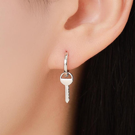 Dangling Key Hoop Earrings in Sterling Silver, Detachable Lock Charm Dangle Hoop Earrings, Silver or Gold, Interchangeable