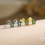 Very Small Emerald Green CZ Flower Stud Earrings in Sterling Silver, Silver or Gold, Crystal Flower Earrings, Stacking Earrings