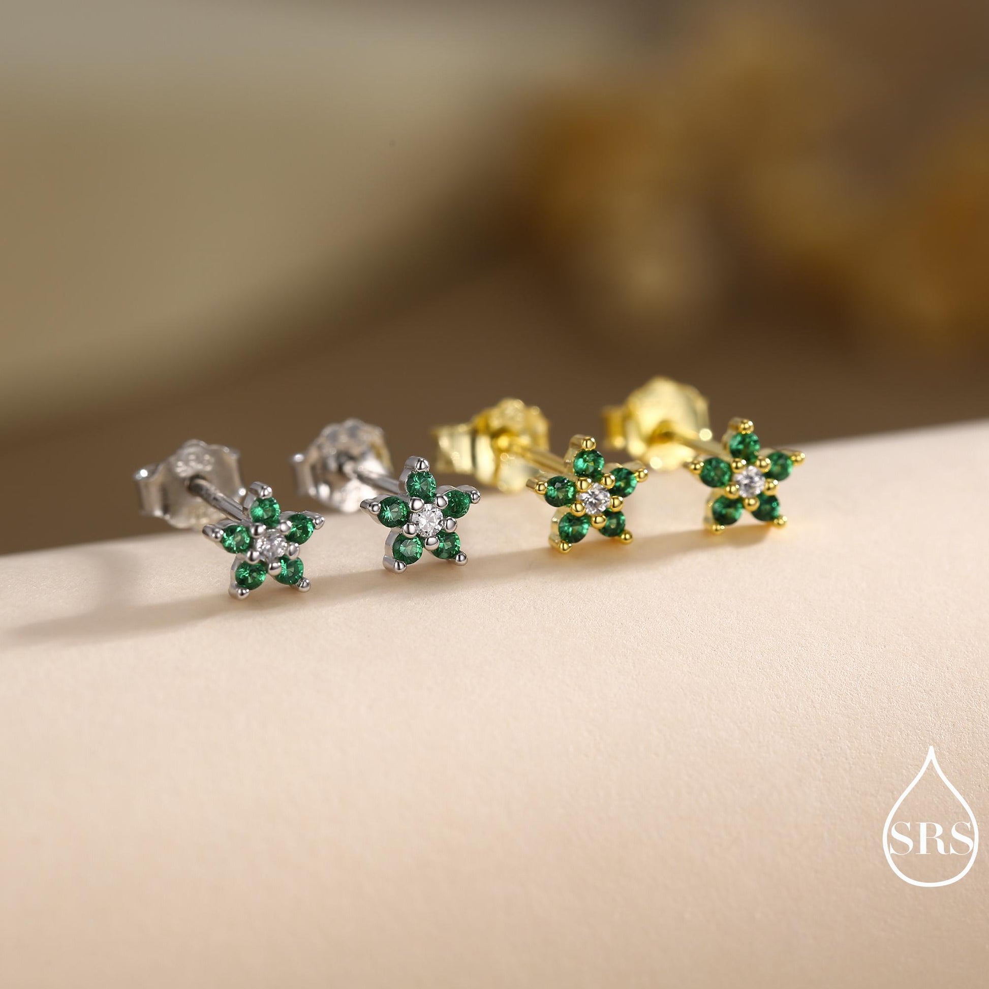 Very Small Emerald Green CZ Flower Stud Earrings in Sterling Silver, Silver or Gold, Crystal Flower Earrings, Stacking Earrings