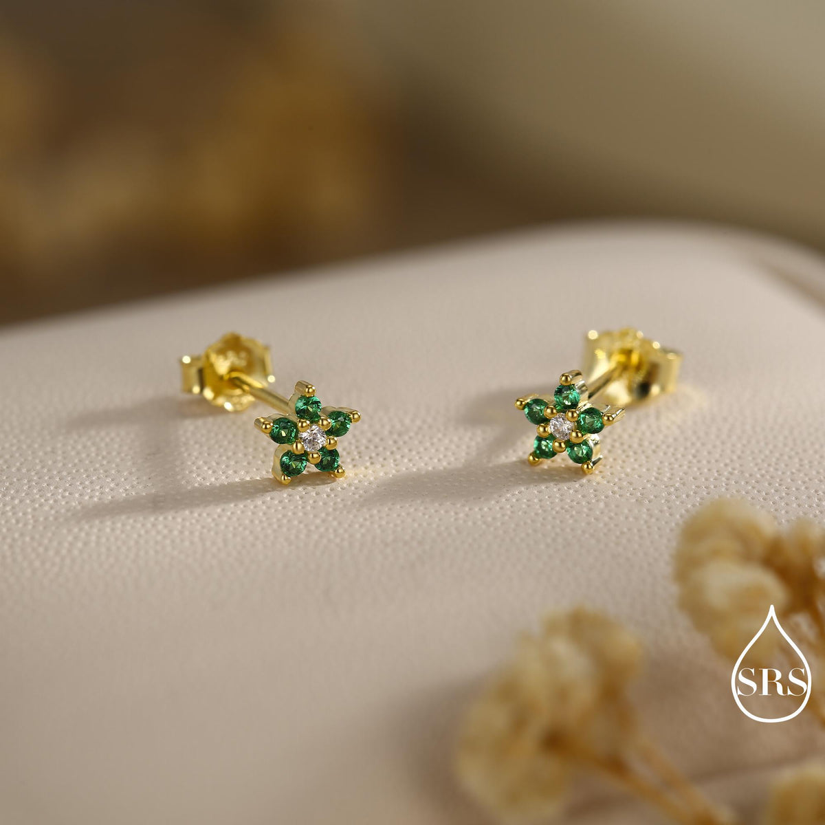 Very Small Emerald Green CZ Flower Stud Earrings in Sterling Silver, Silver or Gold, Crystal Flower Earrings, Stacking Earrings