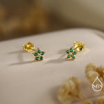 Very Small Emerald Green CZ Flower Stud Earrings in Sterling Silver, Silver or Gold, Crystal Flower Earrings, Stacking Earrings