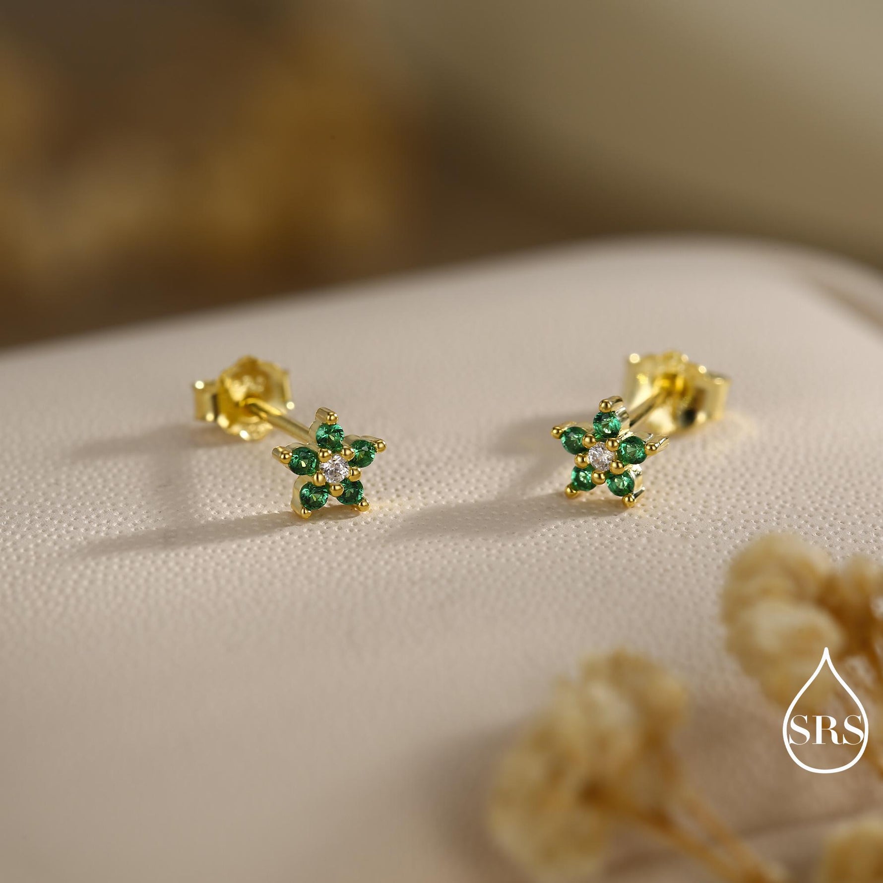 Very Small Emerald Green CZ Flower Stud Earrings in Sterling Silver, Silver or Gold, Crystal Flower Earrings, Stacking Earrings