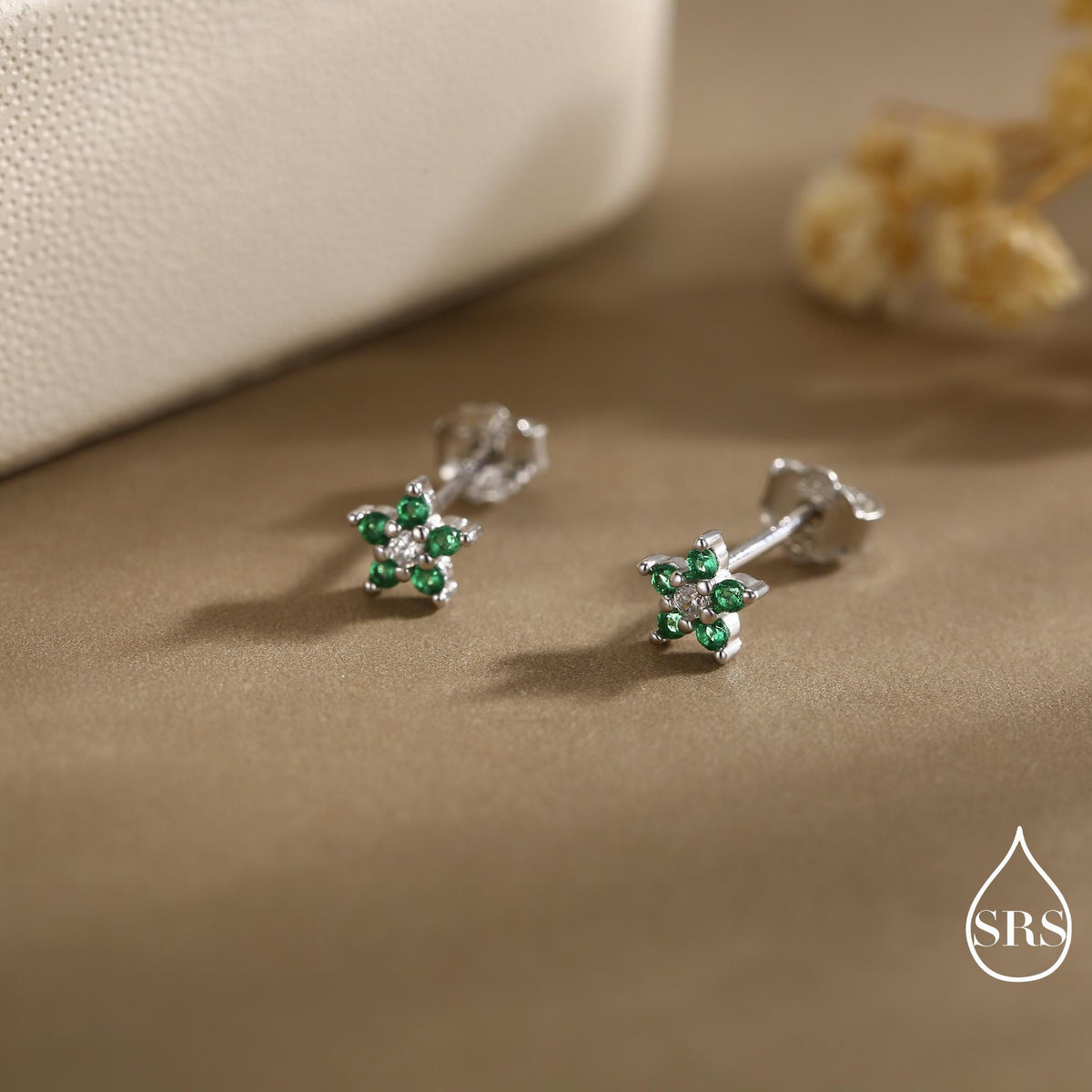Very Small Emerald Green CZ Flower Stud Earrings in Sterling Silver, Silver or Gold, Crystal Flower Earrings, Stacking Earrings
