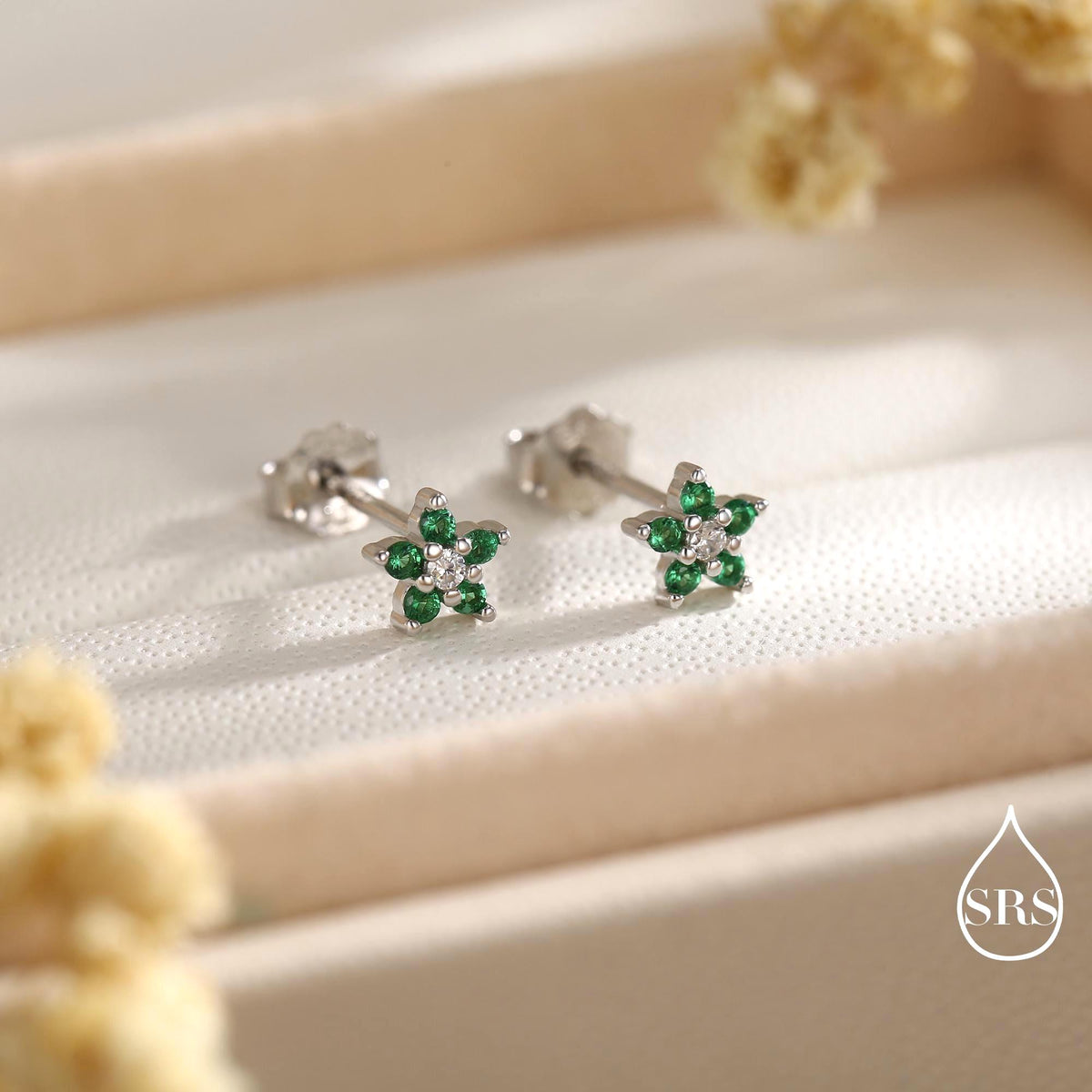 Very Small Emerald Green CZ Flower Stud Earrings in Sterling Silver, Silver or Gold, Crystal Flower Earrings, Stacking Earrings