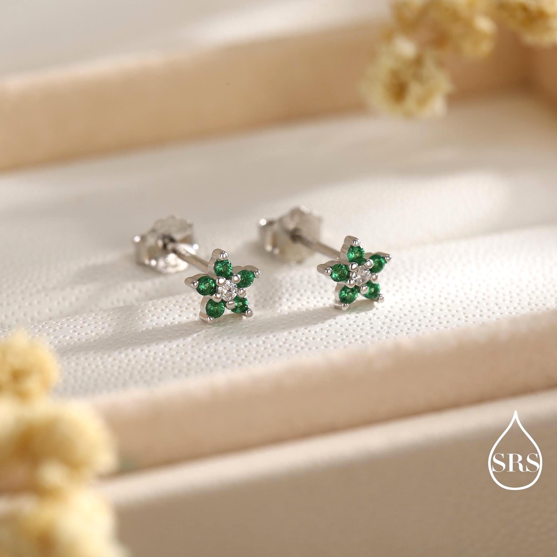 Very Small Emerald Green CZ Flower Stud Earrings in Sterling Silver, Silver or Gold, Crystal Flower Earrings, Stacking Earrings