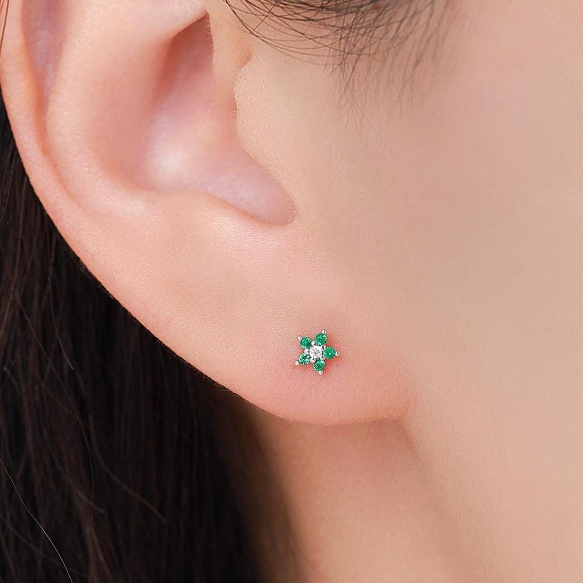 Very Small Emerald Green CZ Flower Stud Earrings in Sterling Silver, Silver or Gold, Crystal Flower Earrings, Stacking Earrings