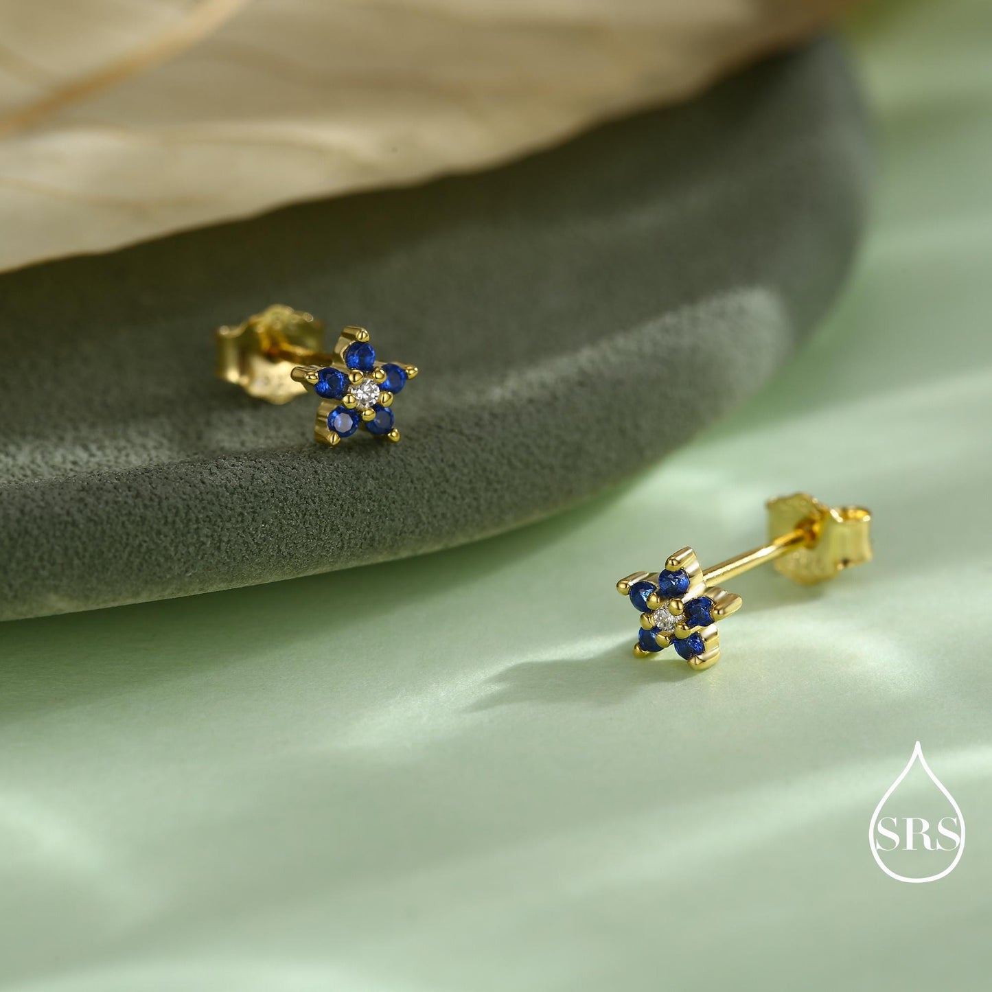 Tiny Sapphire Blue CZ Flower Stud Earrings in Sterling Silver, Silver or Gold, Forget Me Not Crystal Flower Earrings, Stacking Earring