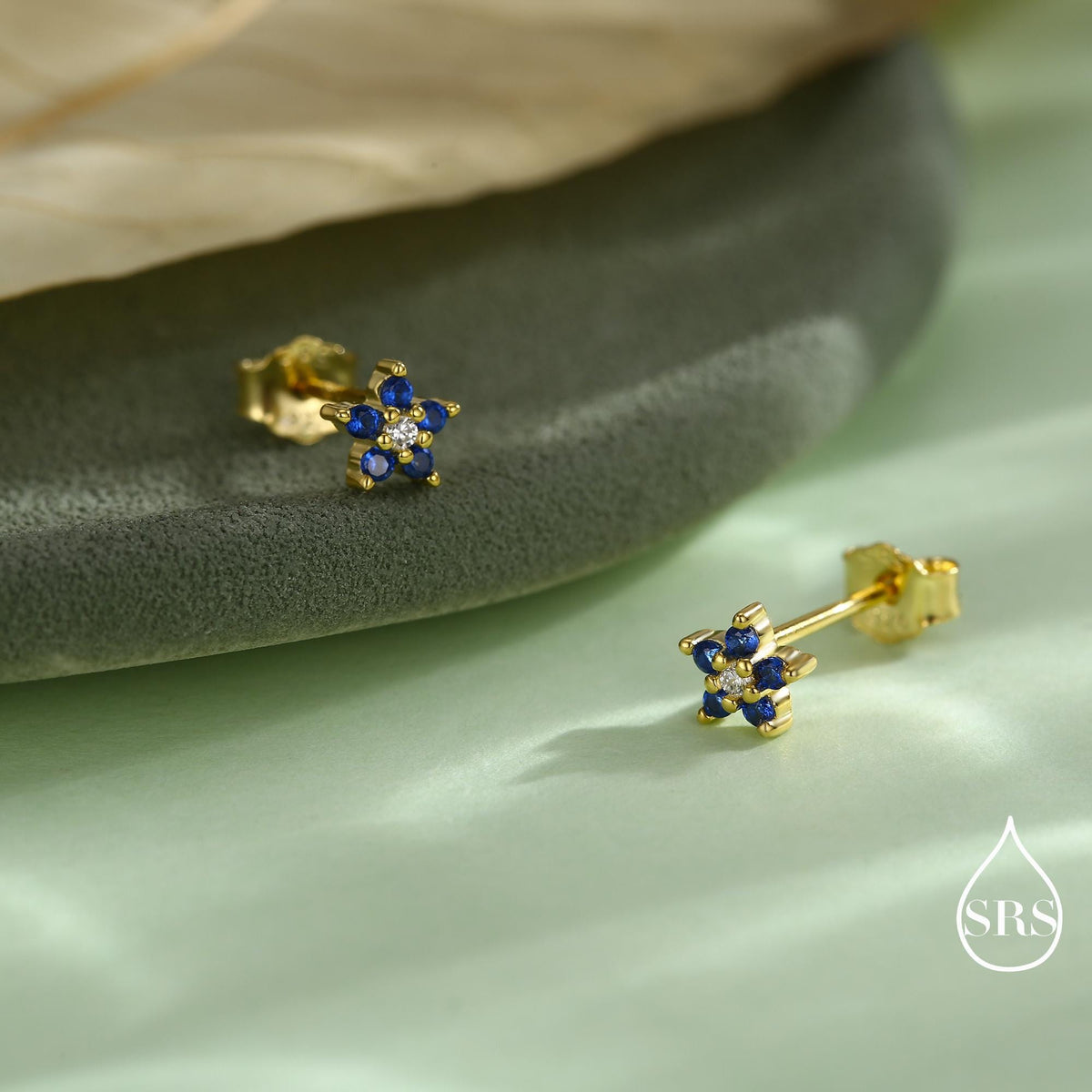 Tiny Sapphire Blue CZ Flower Stud Earrings in Sterling Silver, Silver or Gold, Forget Me Not Crystal Flower Earrings, Stacking Earring