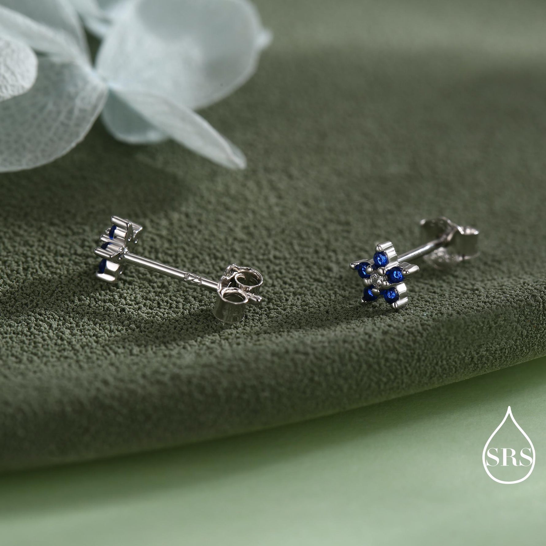 Tiny Sapphire Blue CZ Flower Stud Earrings in Sterling Silver, Silver or Gold, Forget Me Not Crystal Flower Earrings, Stacking Earring