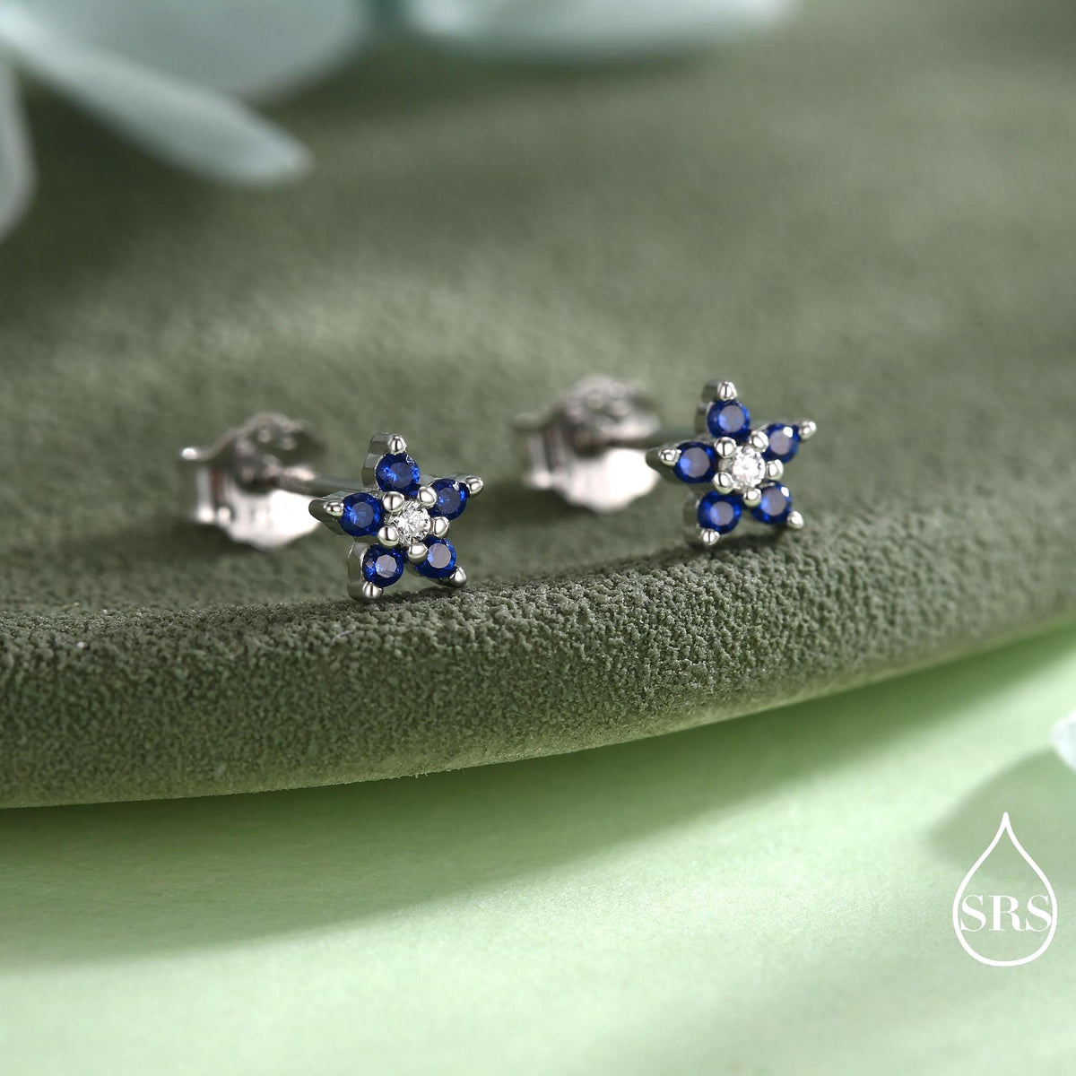 Tiny Sapphire Blue CZ Flower Stud Earrings in Sterling Silver, Silver or Gold, Forget Me Not Crystal Flower Earrings, Stacking Earring