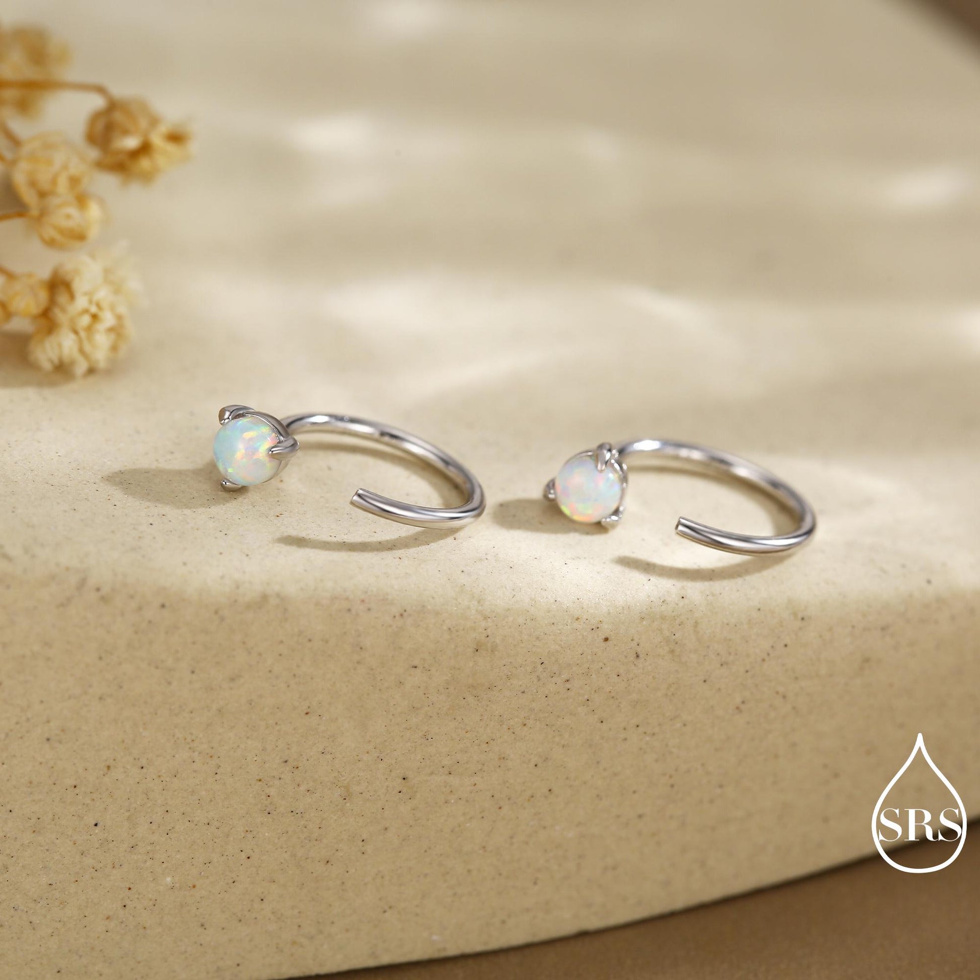 Minimalist Opal Huggie Hoop Threader Earrings in Sterling Silver, 3mm Three Prong, Gold or Silver, Pull Through Open Hoops, Fire Opal