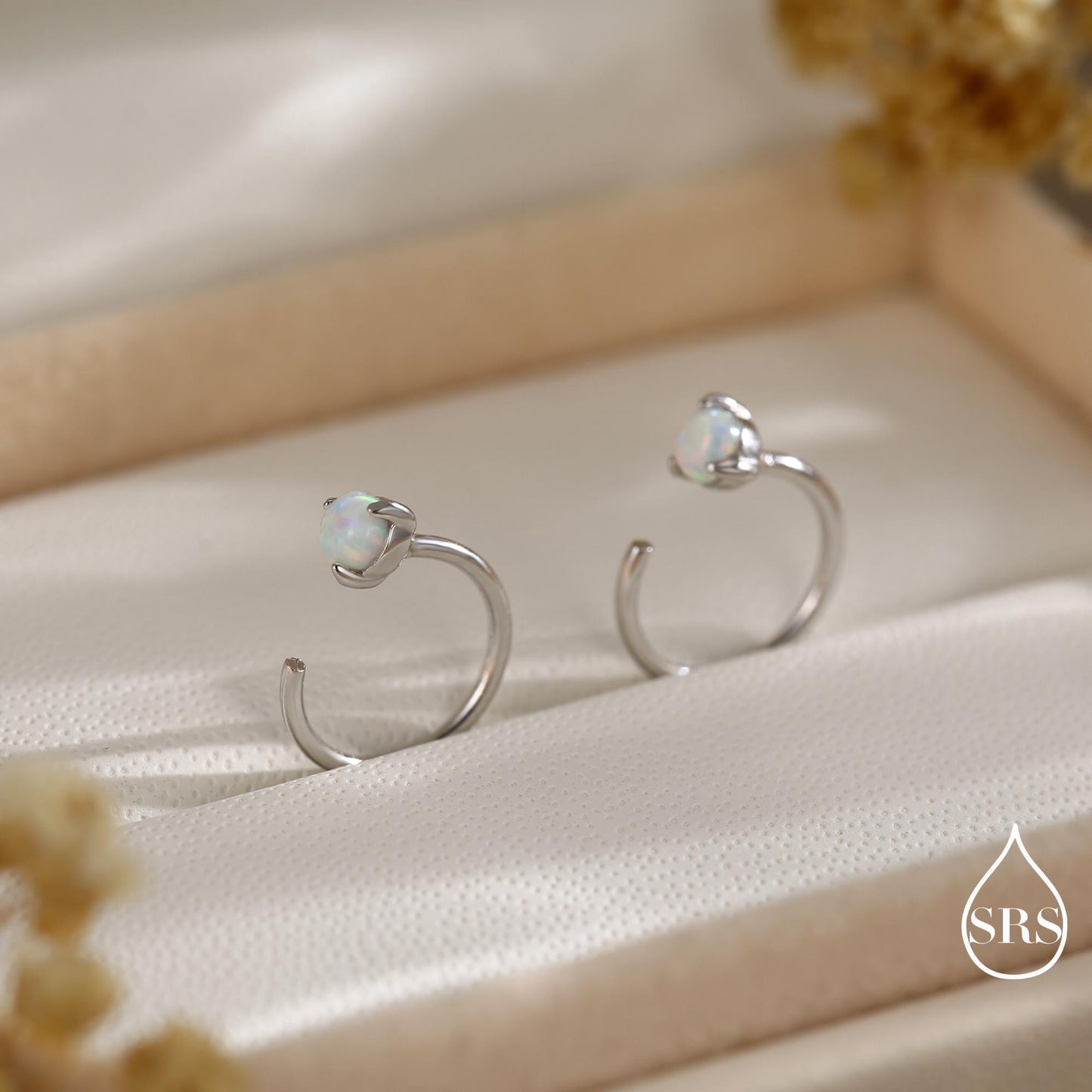 Minimalist Opal Huggie Hoop Threader Earrings in Sterling Silver, 3mm Three Prong, Gold or Silver, Pull Through Open Hoops, Fire Opal