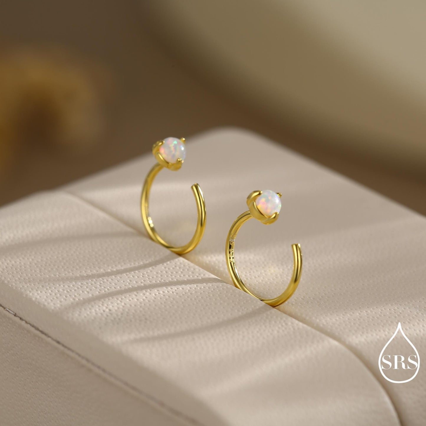 Minimalist Opal Huggie Hoop Threader Earrings in Sterling Silver, 3mm Three Prong, Gold or Silver, Pull Through Open Hoops, Fire Opal