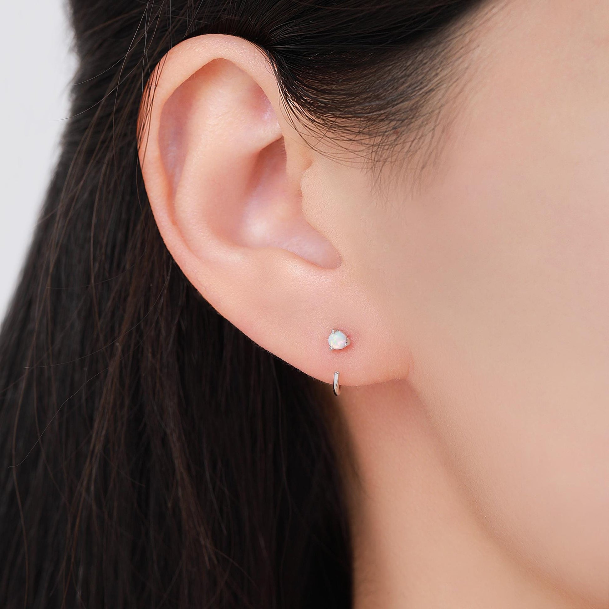 Minimalist Opal Huggie Hoop Threader Earrings in Sterling Silver, 3mm Three Prong, Gold or Silver, Pull Through Open Hoops, Fire Opal