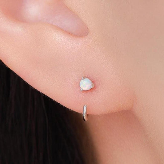 Minimalist Opal Huggie Hoop Threader Earrings in Sterling Silver, 3mm Three Prong, Gold or Silver, Pull Through Open Hoops, Fire Opal