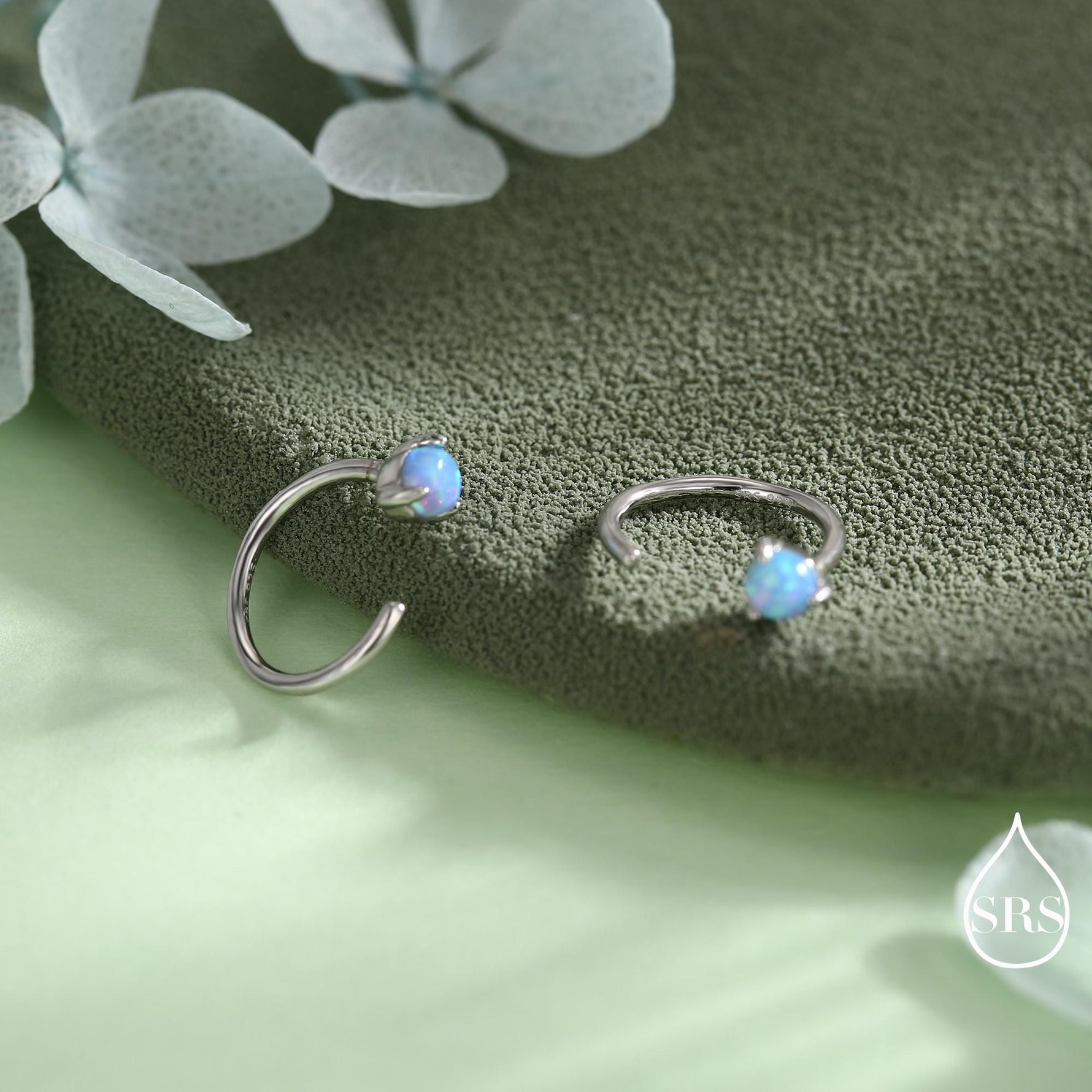 Minimalist Opal Huggie Hoop Threader Earrings in Sterling Silver, 3mm Three Prong, Gold or Silver, Pull Through Open Hoops, Blue Opal C Hoop