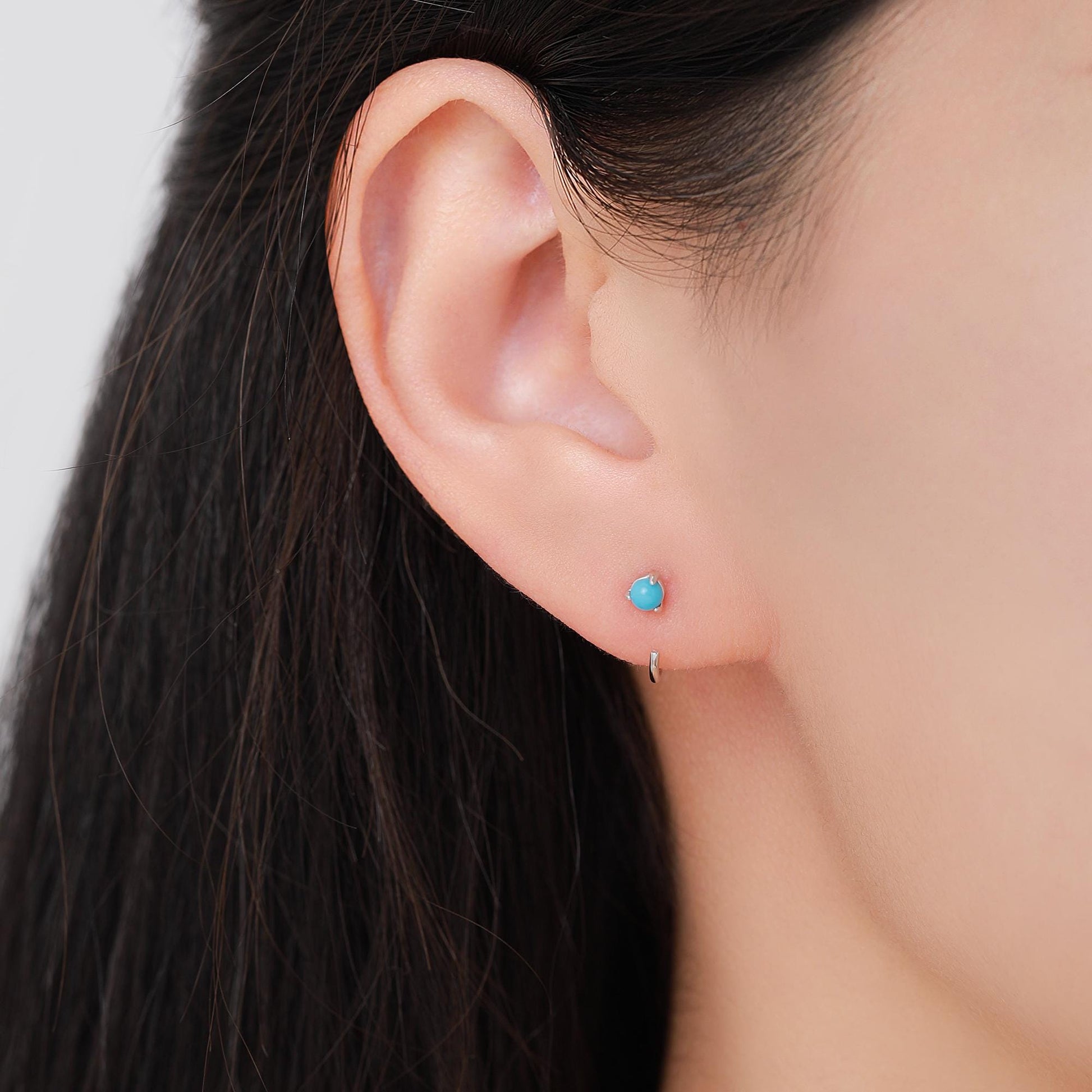 Natural Turquoise Huggie Hoop Threader Earrings in Sterling Silver, 3mm Three Prong Set, Gold or Silver, Pull Through Open Hoops