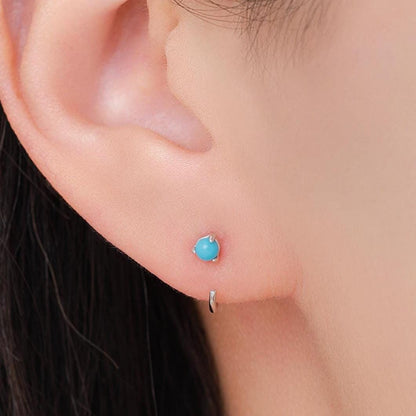 Natural Turquoise Huggie Hoop Threader Earrings in Sterling Silver, 3mm Three Prong Set, Gold or Silver, Pull Through Open Hoops