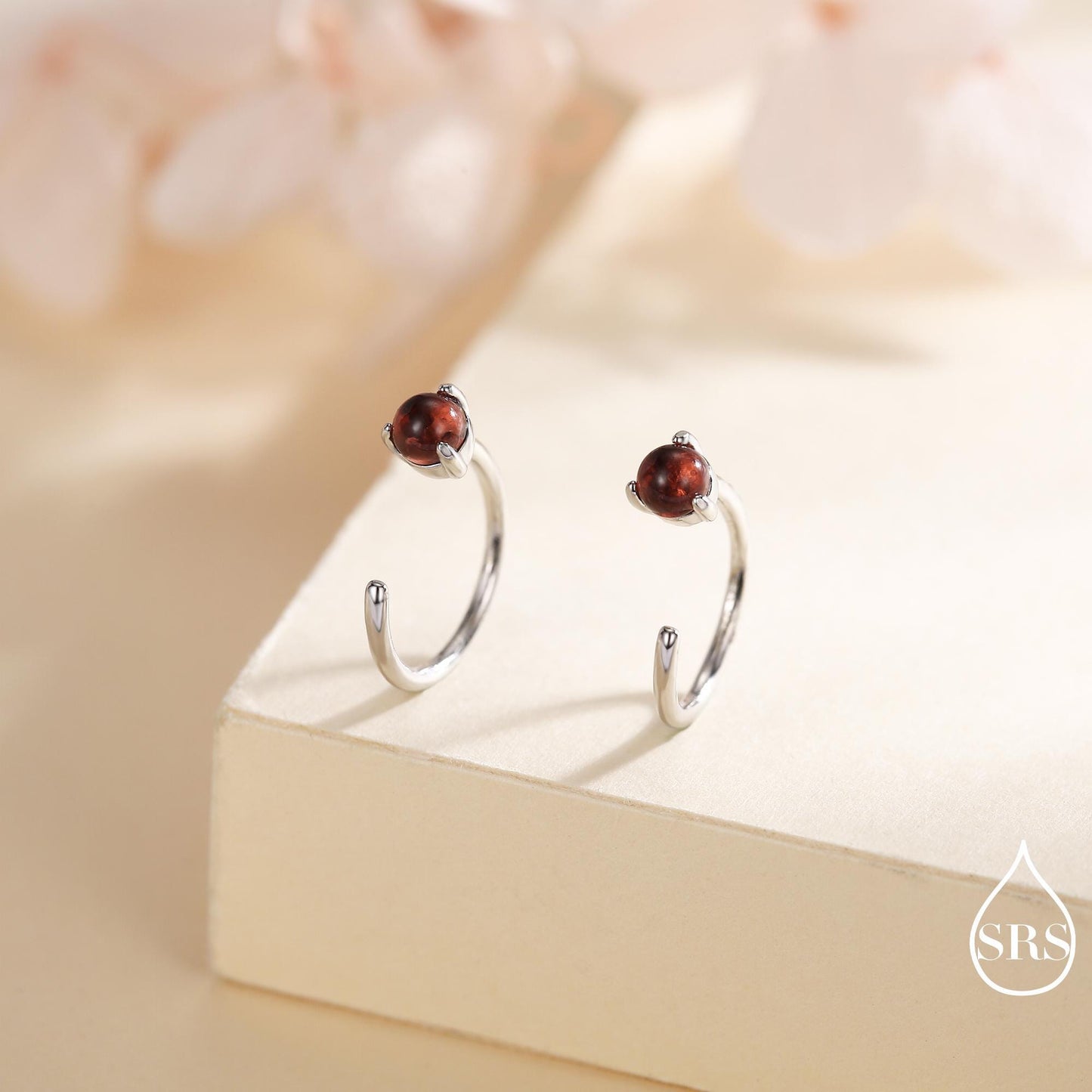 Genuine Garnet Huggie Hoop Earrings in Sterling Silver, 3mm Natural Garnet Open Hoops, Pull Through Threaders, Half Hoops, C Shape Hoops