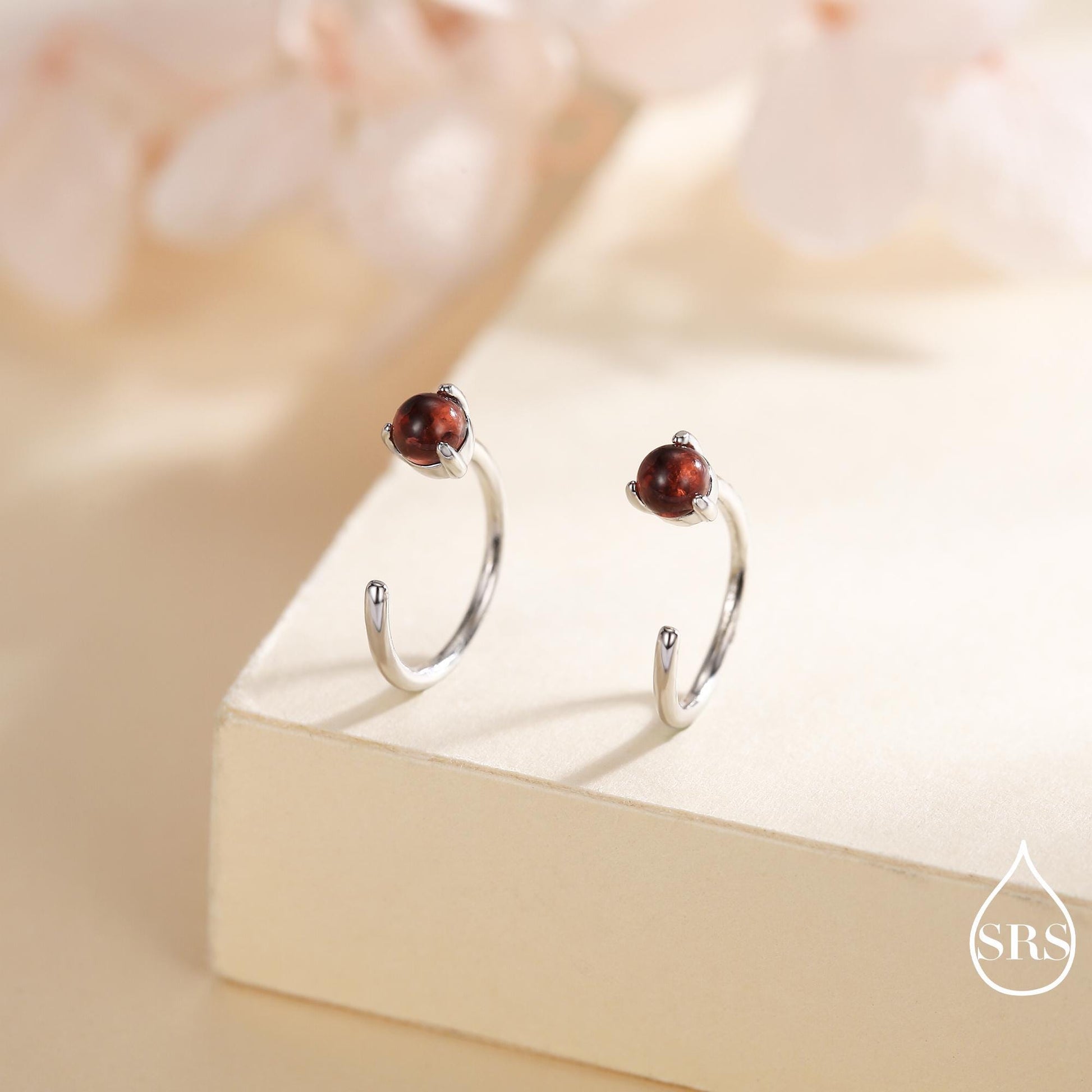 Genuine Garnet Huggie Hoop Earrings in Sterling Silver, 3mm Natural Garnet Open Hoops, Pull Through Threaders, Half Hoops, C Shape Hoops